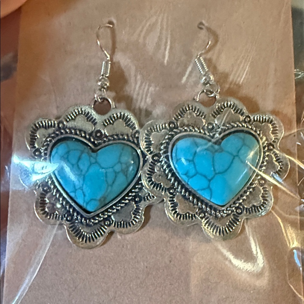 Turquoise Heart Dangle Earrings - Silver Tone